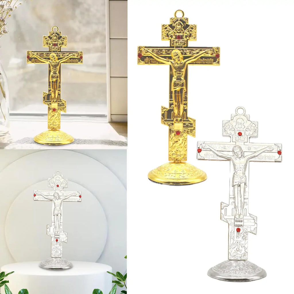 Jesus Cross for Desk Metal with Base Tabletop Ornaments Christian Home Goods Prayer Utensils Table Top Crucifix Cross Catholic Zpaxo