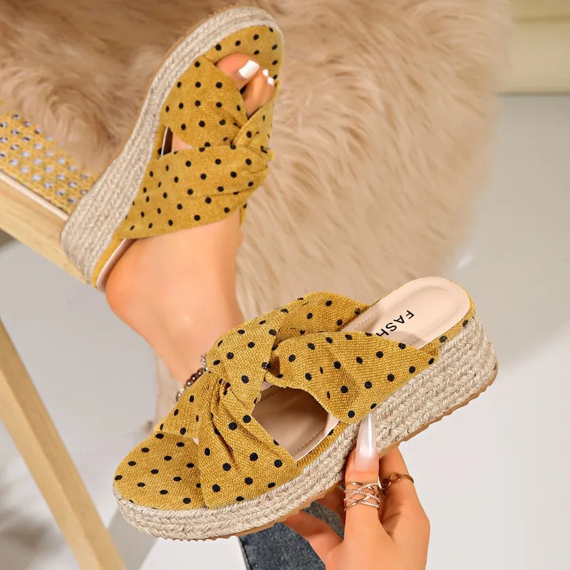 Summer Women Polka Dot Embellishment Cross Band Comfortable Wedge Zpaxo YELLOW 37