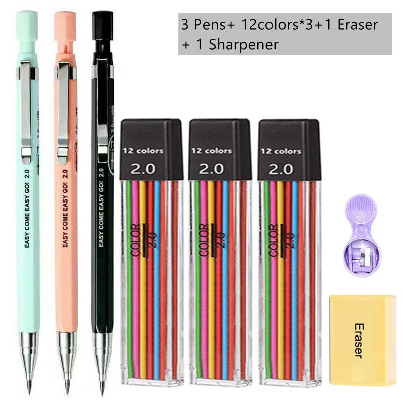 Anti Slip Mechanical Pencil Set 2.0mm with 2B Black/Color Lead Refill Eraser Activity Automatic Pencil Drawing Sketching Writing Zpaxo
