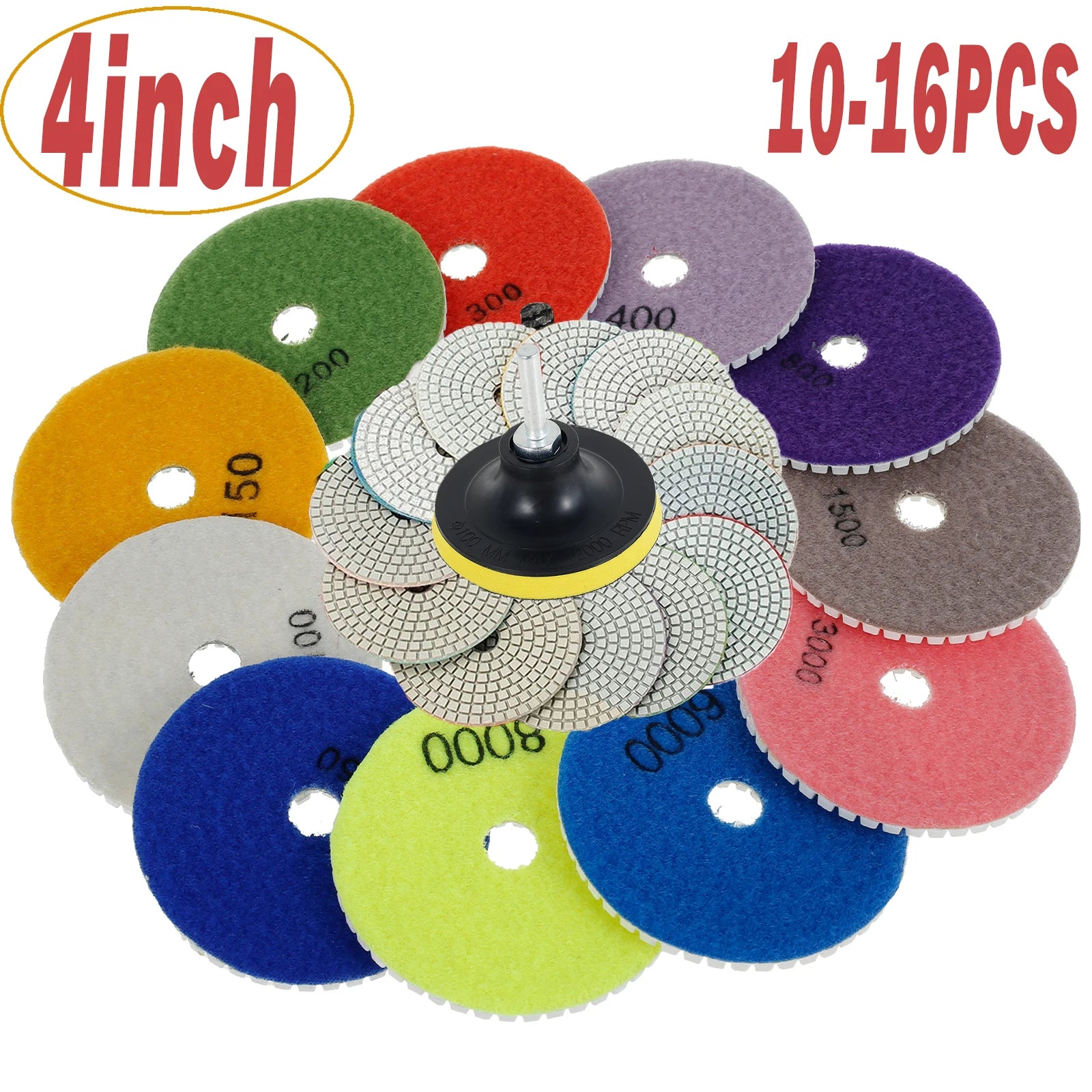 10-16pcs 4 inch Diamond Polishing Pads Kit Wet/Dry Buff Disc Abrasive Grinding Discs Set for Granite Concrete Glass Polishing Zpaxo