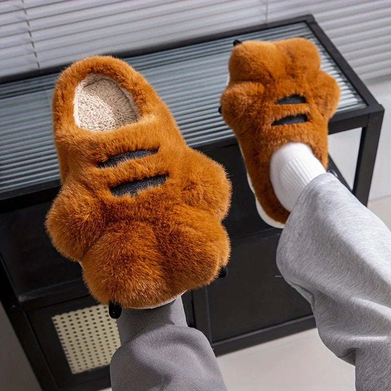 Cute Cartoon Fluffy Slippers Women Men Winter Warm Soft Plush Big Paw Zpaxo brown 44-45