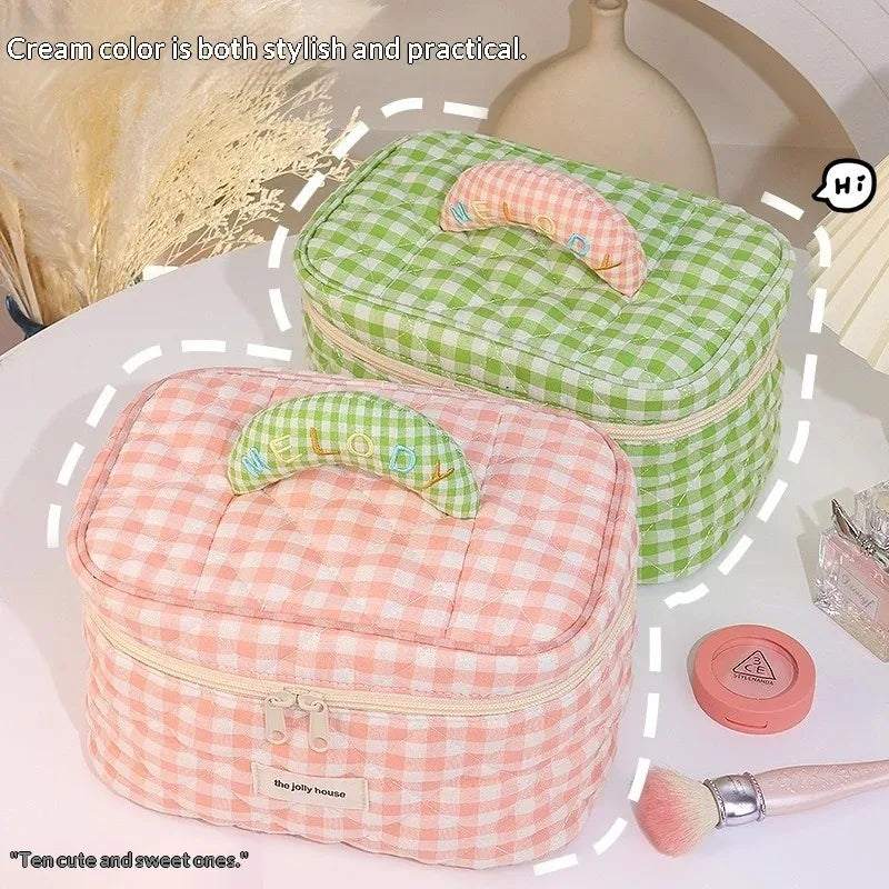 Korean Checkered Cotton Makeup Bag – Large Travel Cosmetic Pouch Travel Cosmetic Bag Zpaxo