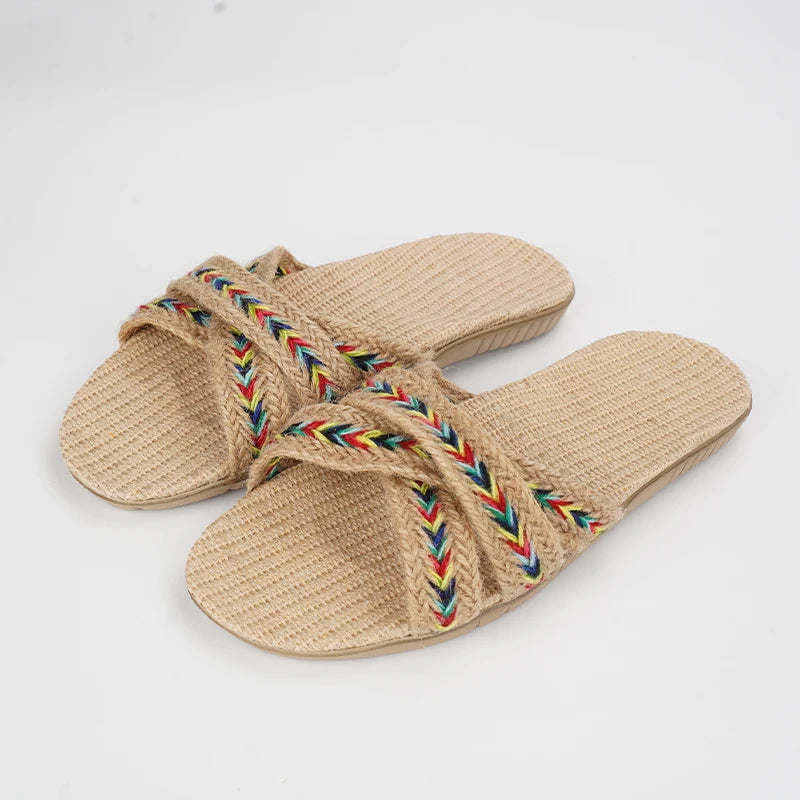 SHAJI Summer Women's Linen Slippers Home Lightweight Indoor Non-slip Zpaxo 2023 Flax Color 42-43