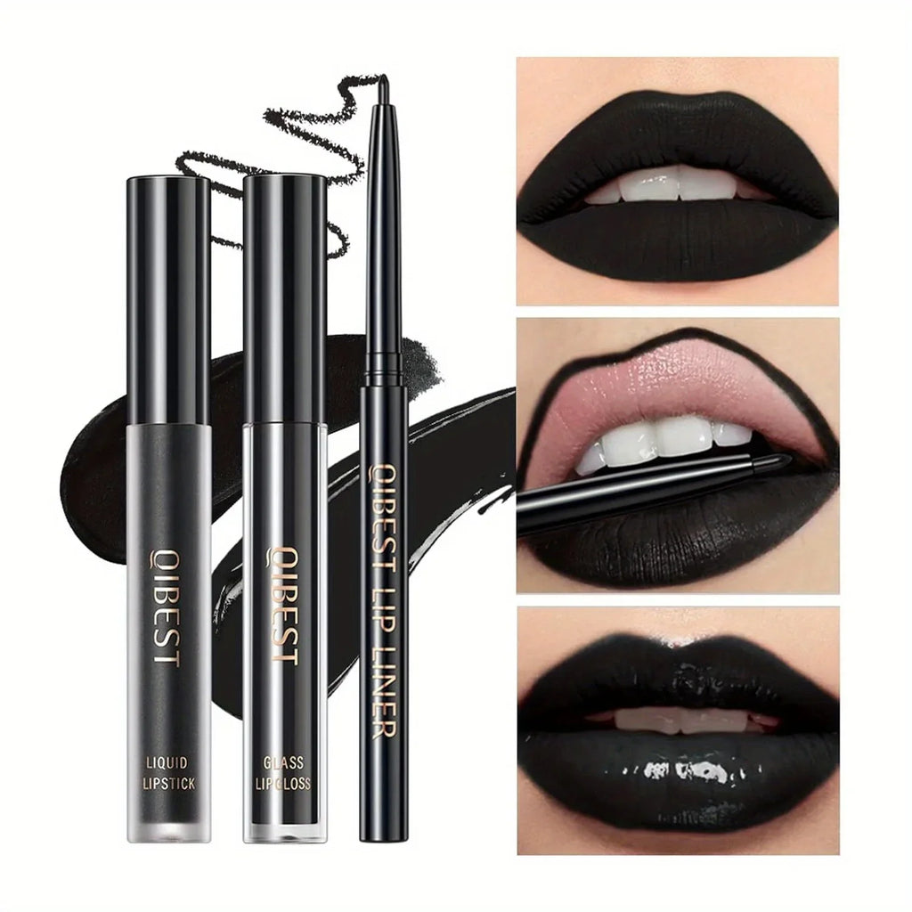 3 in 1 Lipstick and Lipliner Set, Long Lasting Waterproof Lip Stain Liquid Lipgloss Set for Women Halloween Gothic Makeup Zpaxo