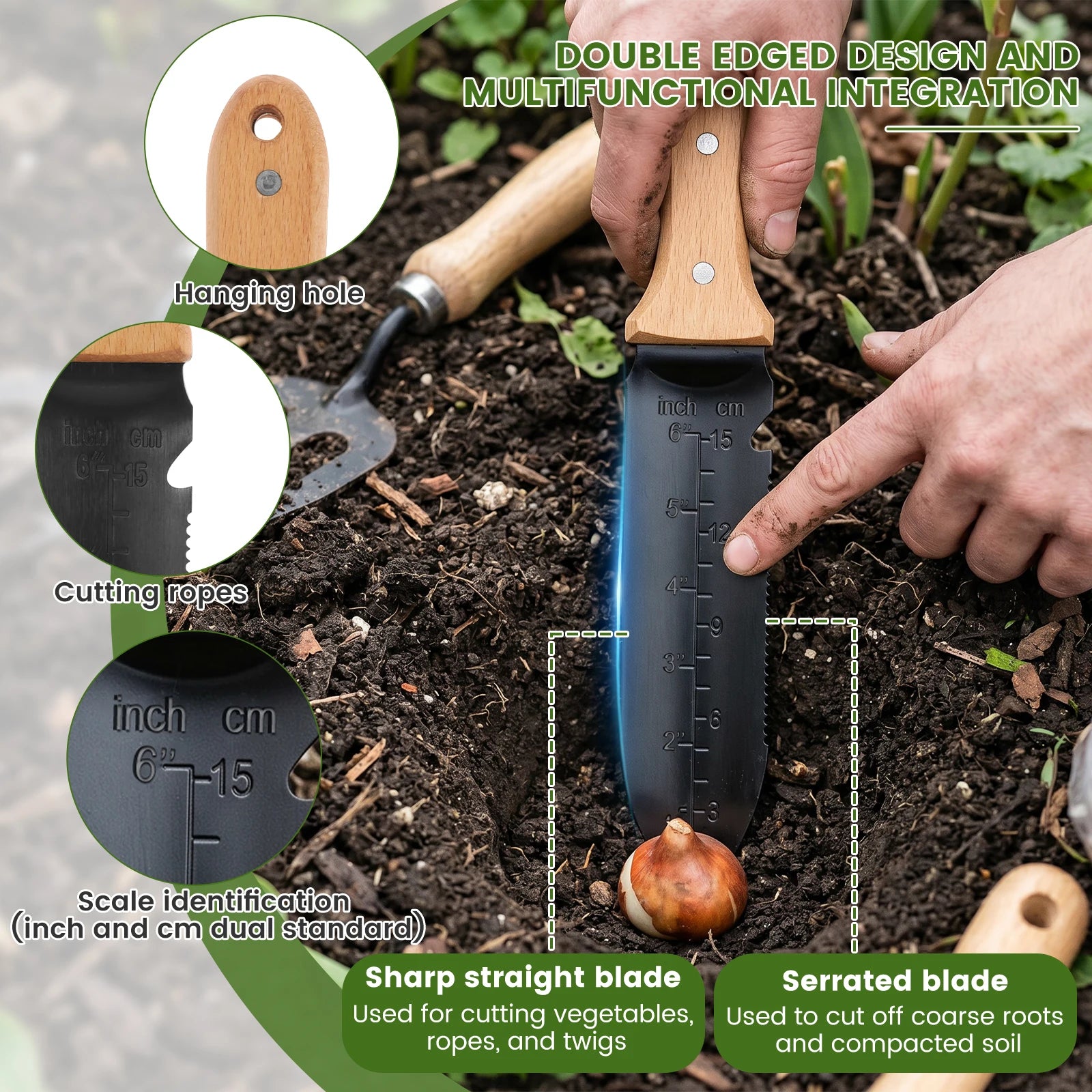 Garden Trowel Stainless Steel Hand Shovel Multi Use Serrated Edge Weeding Tool Dual Scale Rivet Reinforced Beech Wooden Handle Zpaxo