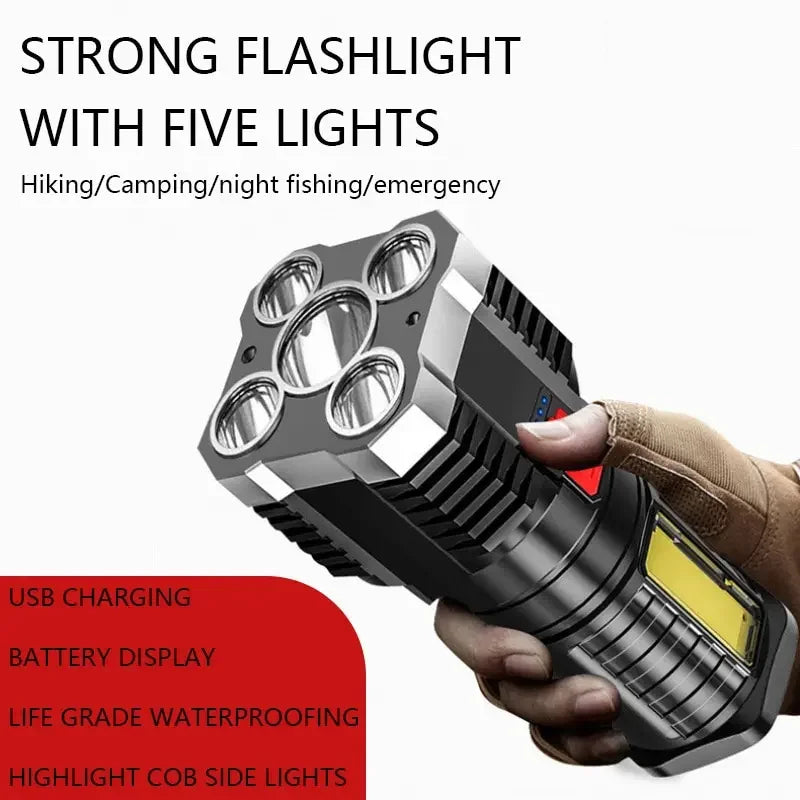 5-LED Rechargeable Camping Flashlight – 3 Modes & Side Light