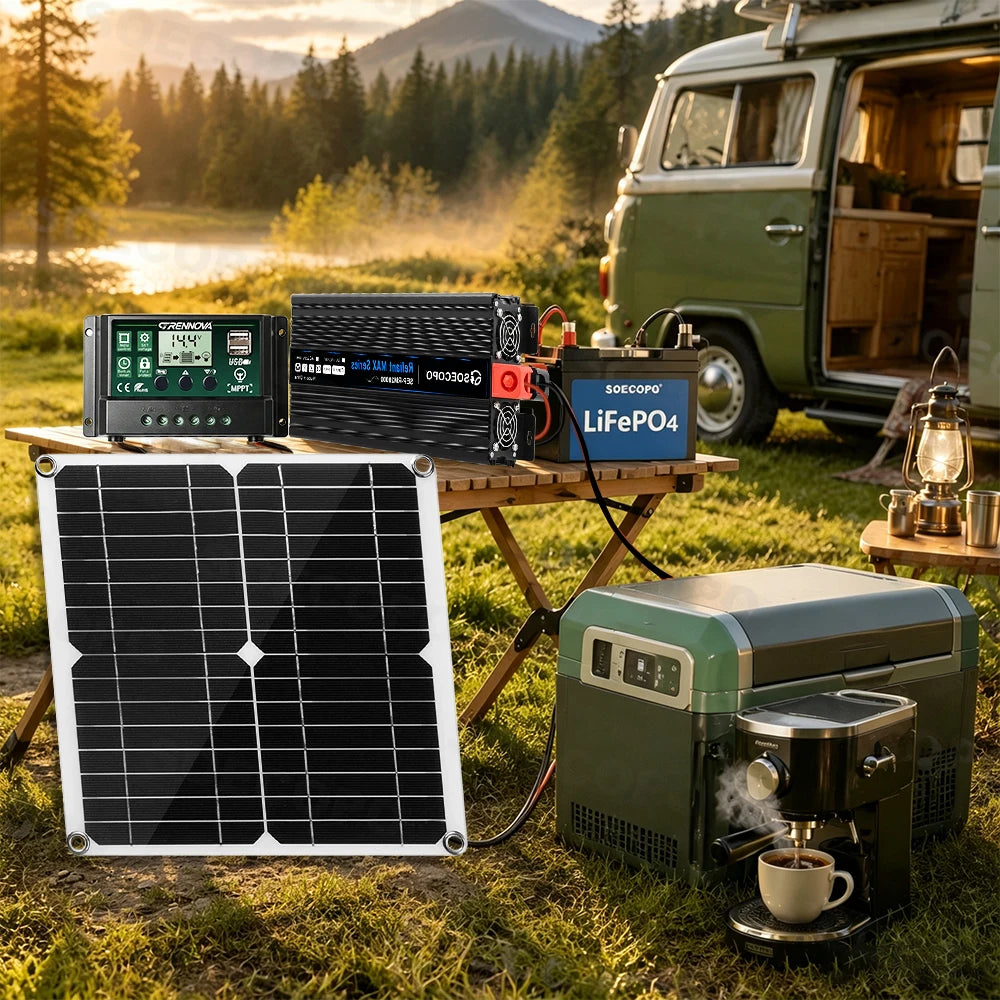 Portable 20000W Solar Power System Kit 300W Panel Inverter Controller DC12V/24V to AC110V/220V Off Grid Camping RV Home Backup Zpaxo