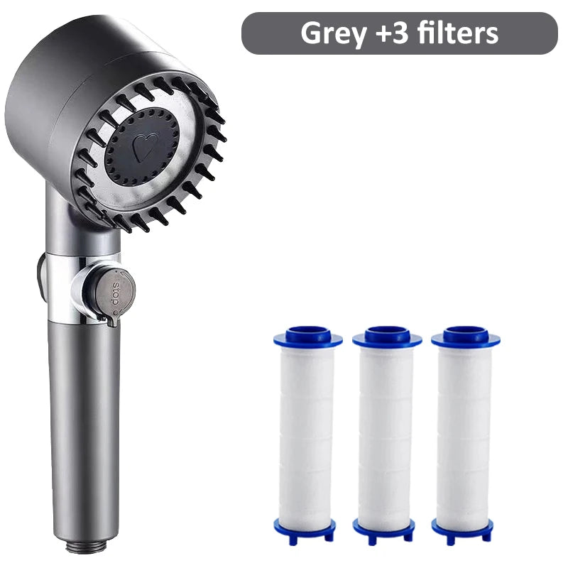 Pressure Massage Showerhead 4 Modes Rainfall Shower Head One-key Stop Zpaxo Grey and 3 Filter
