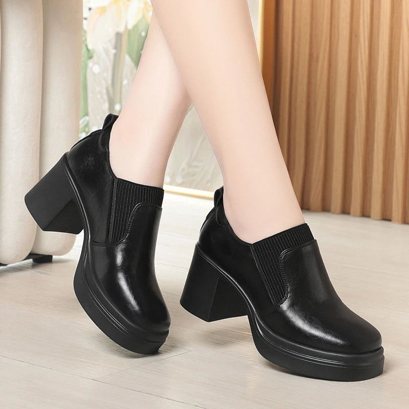 Womens Brown Leather Platform Ankle Boots Chunky Heel Elastic Gore Zpaxo