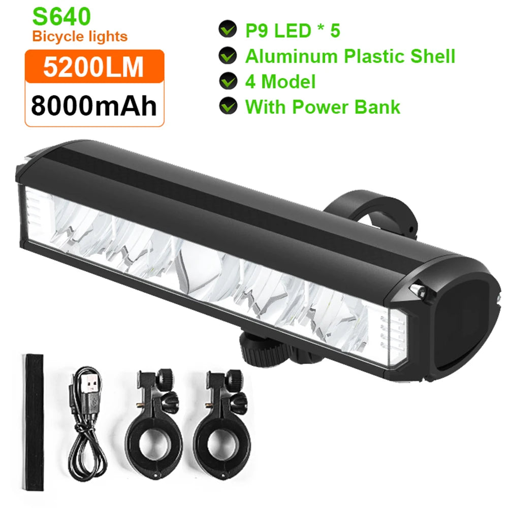 Bicycle Light 8000mAh 5 LED Bike Light Front Rechargeable LED Flashlight 5200LM Headlight with Power Bank Bicycle Accessories Zpaxo