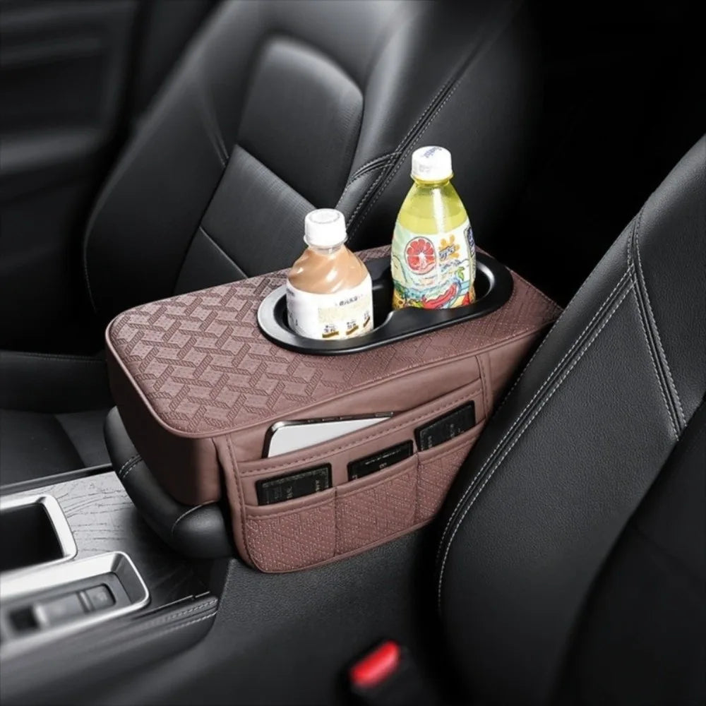 Universal Car Armrest Box Cover PU Leather 2 Cup Holders Center Zpaxo Coffee