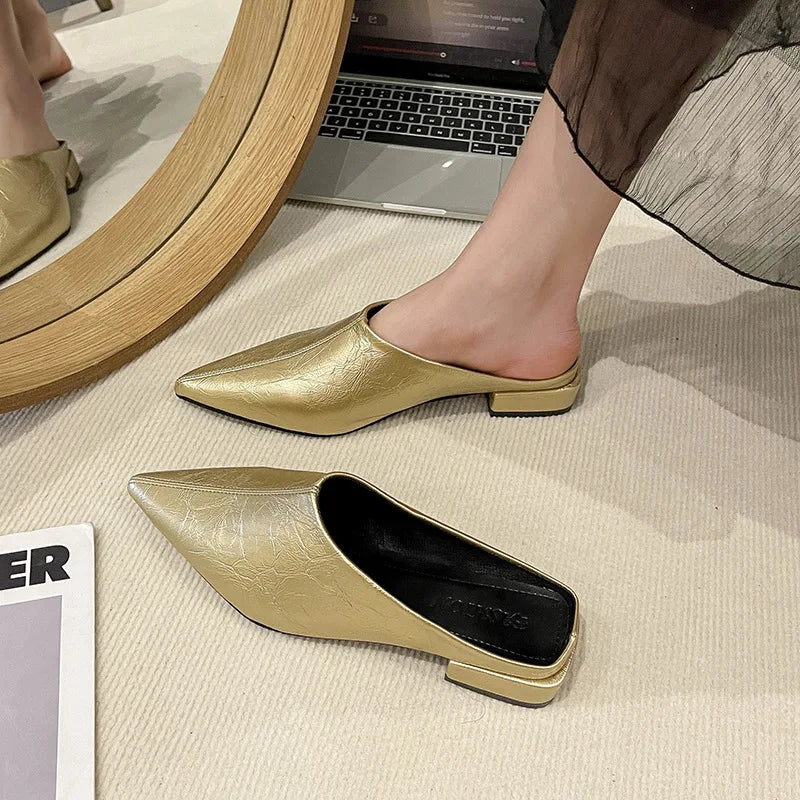 Baotou Half Slippers Women's Outer Wear 2025 Pointed Thick Heel Zpaxo 35 Gold