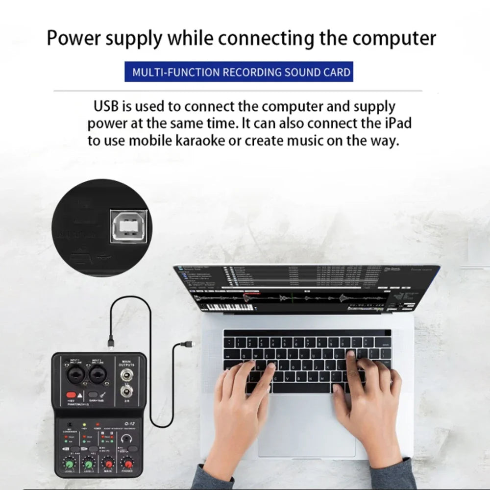 Q12 2 Channels Professional Portable Audio Interface Sound Card Zpaxo