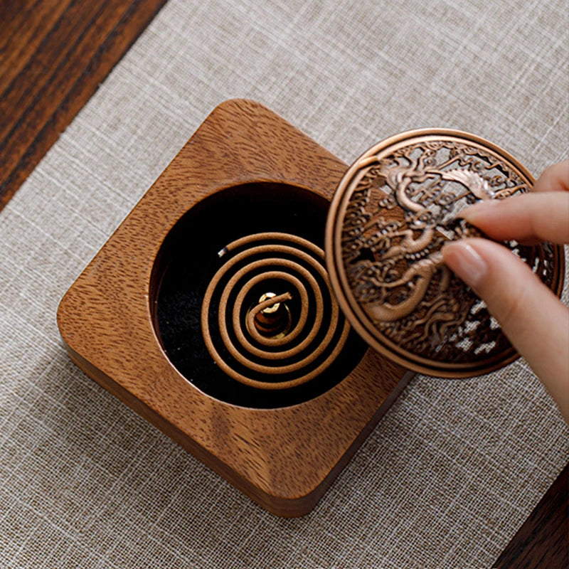 Walnut Wood Incense Burner Dragon Phoenix Hollow Lid Square Sandalwood Censer Incense Holder Home Room Teahouse Decor Zpaxo
