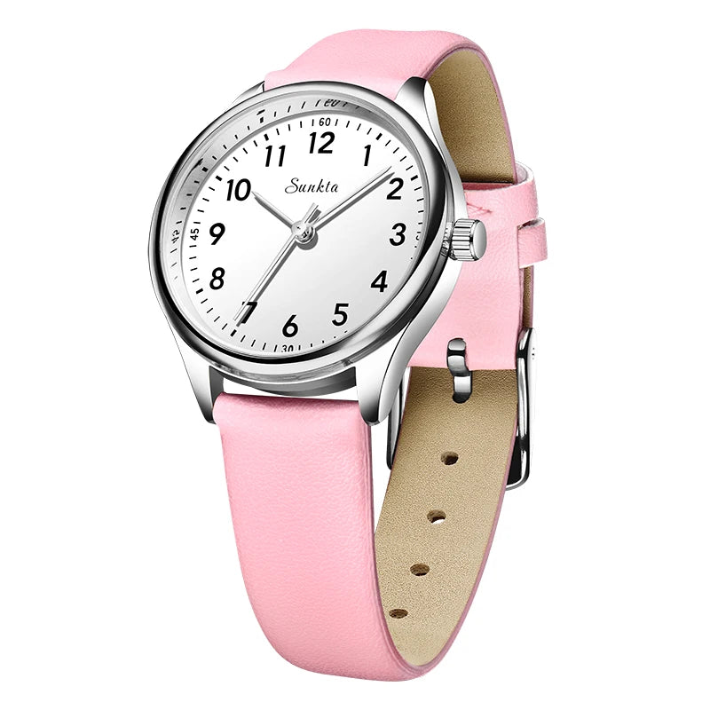 SUNKTA new fashion luxury women's quartz watches elegant leather Watches for Women waterproof simple ladies watches reloj+BOX Zpaxo Pink silver white