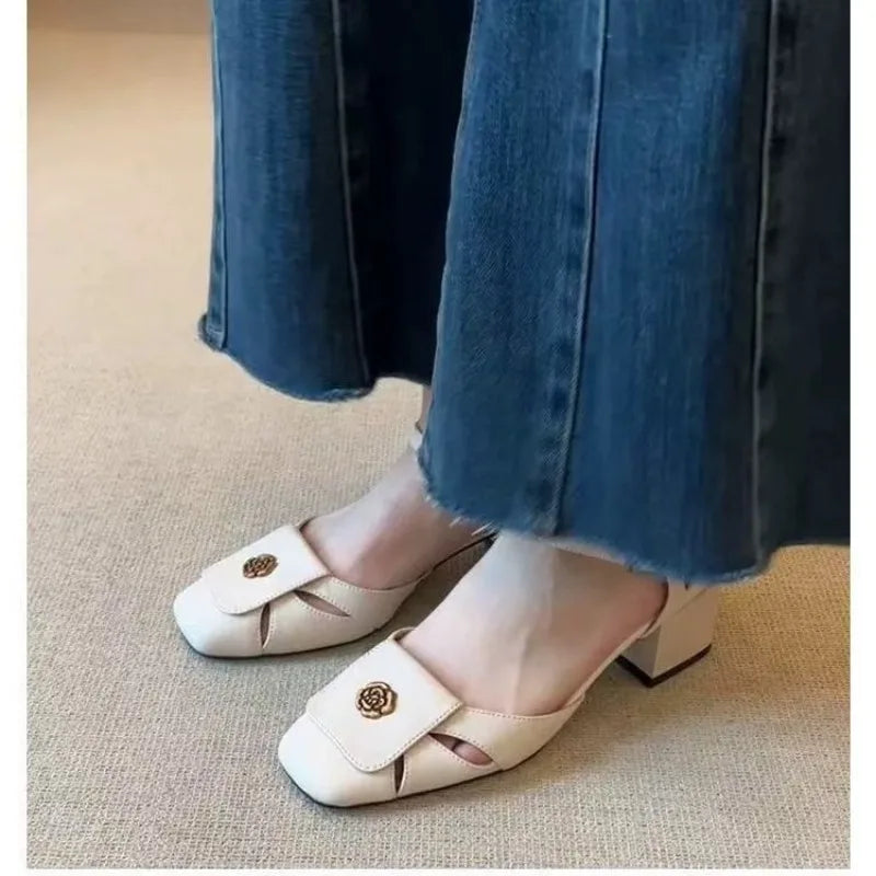 Hollow-out Baotou Sandals with One-word Buckle Belt Commuter Temperament Square-toe Thick Heeled Single-layer Shoes for Women Zpaxo