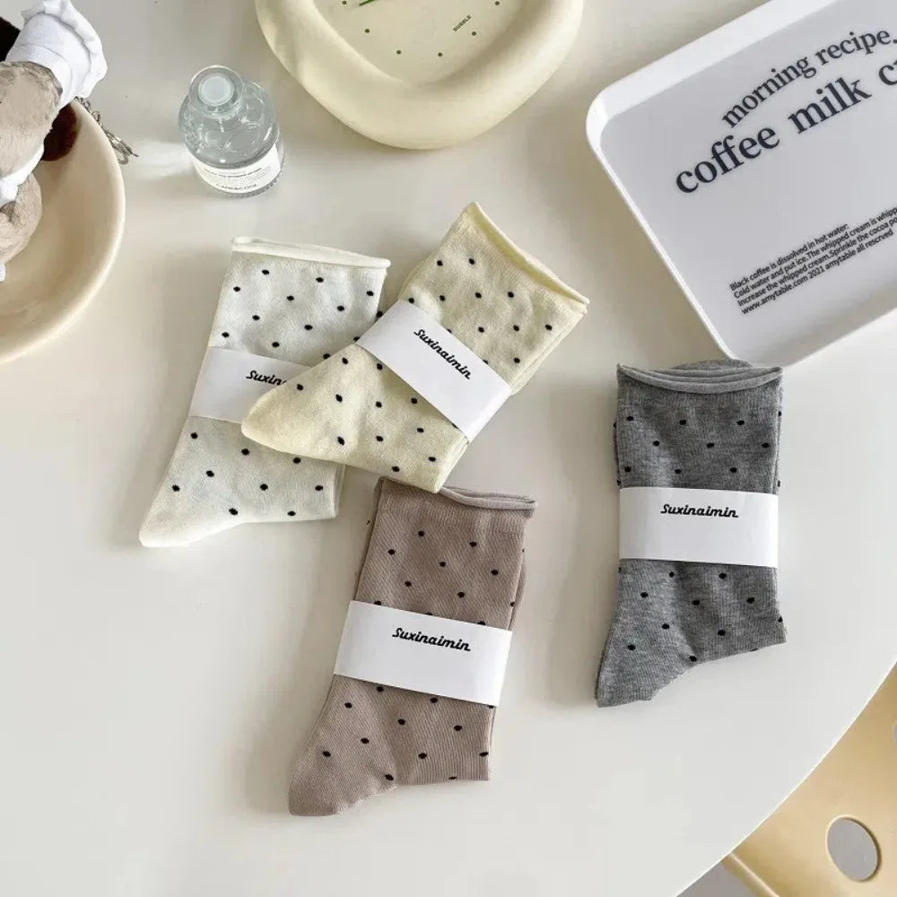 Comfortable Curled-edge Polka Dot Socks Thin Breathable Mid-Tube Socks Sweat Absorbent Women's Socks Summer Zpaxo
