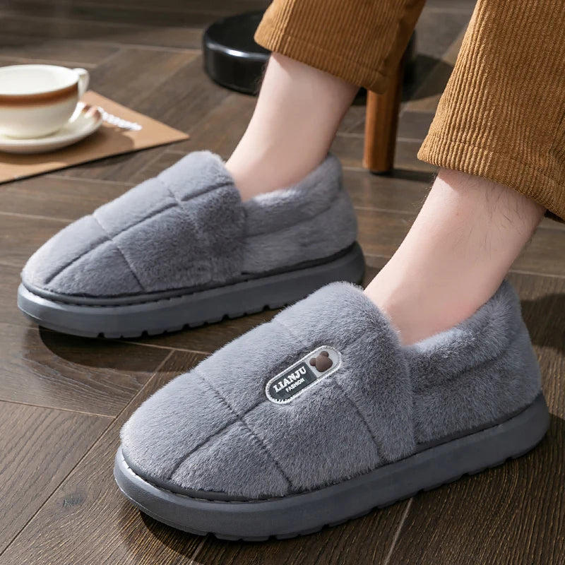 Men's Slippers Winter Solid Wrap Heels Plush Non-slip Warm Women Men