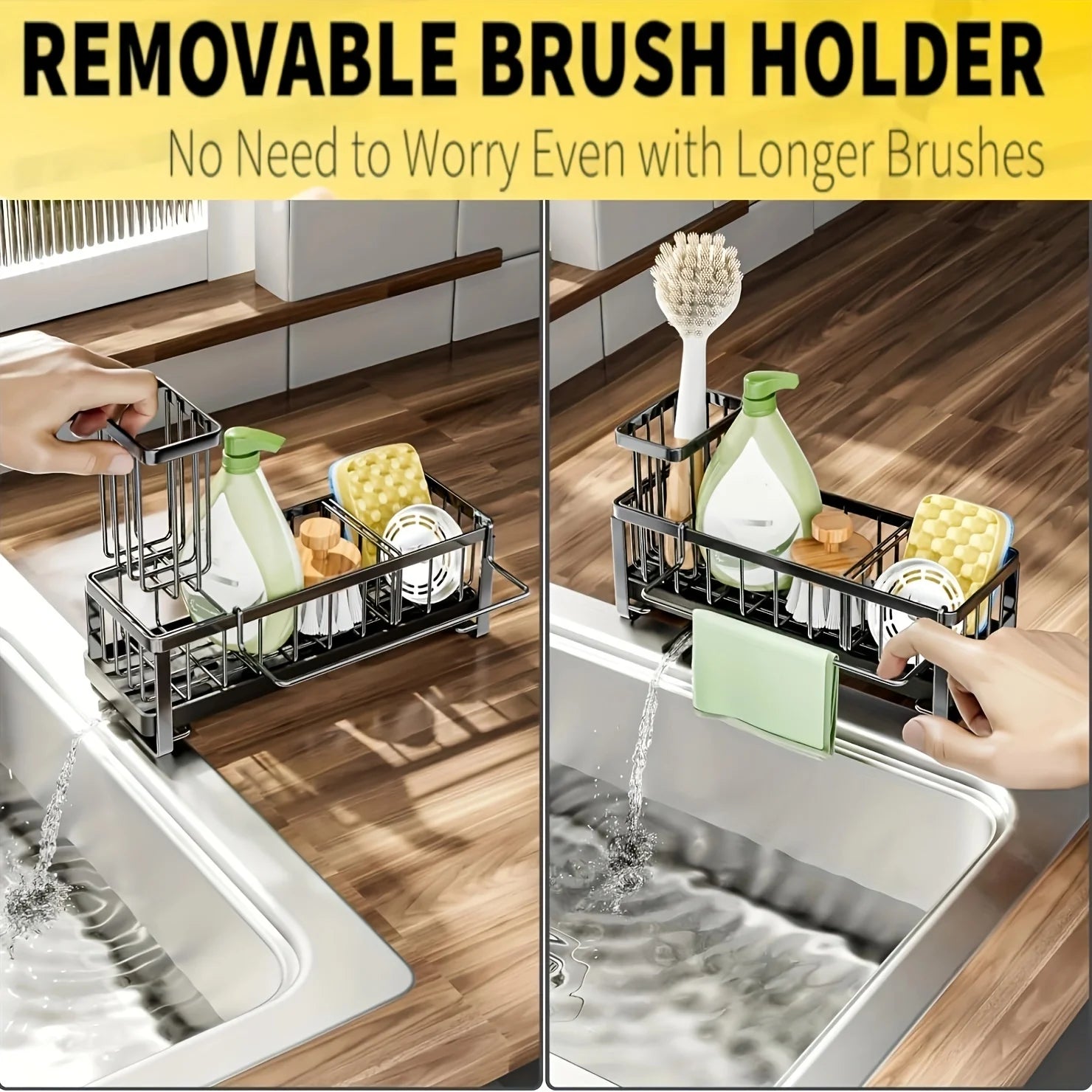 Sponge Holder for Kitchen Sink, Auto Draining Kitchen Sink Organizer, Sink Caddy with Removable Brush Holder Zpaxo