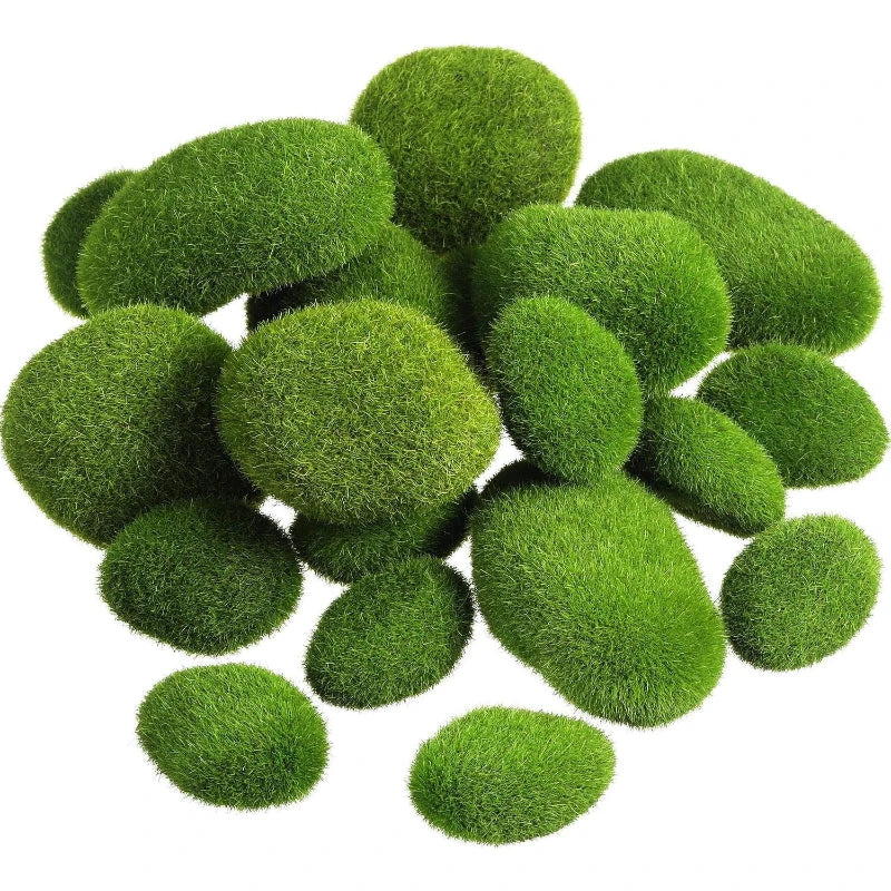 3 Artificial Moss Rocks Decorative Green Covered Stones Fake Decor