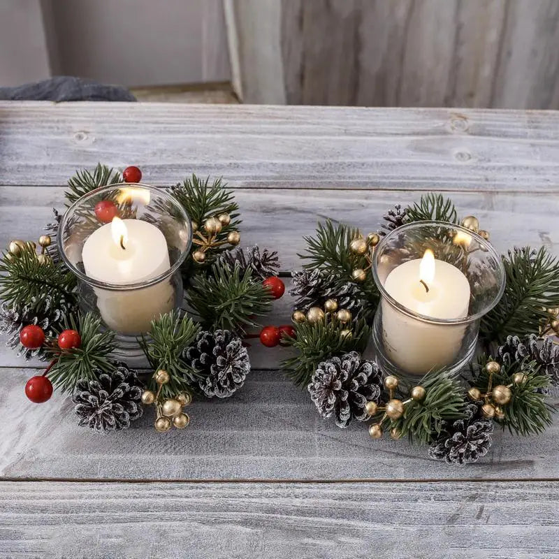 Christmas Candle Holder Candlestick Wreath Artificial Cherry Pinecone
