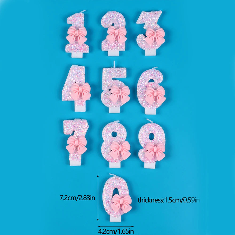 Pink Bow Number Candle Glitter Candle Cake Topper 0-9 for Birthday Anniversary Party Cake Decoration Gifts Zpaxo
