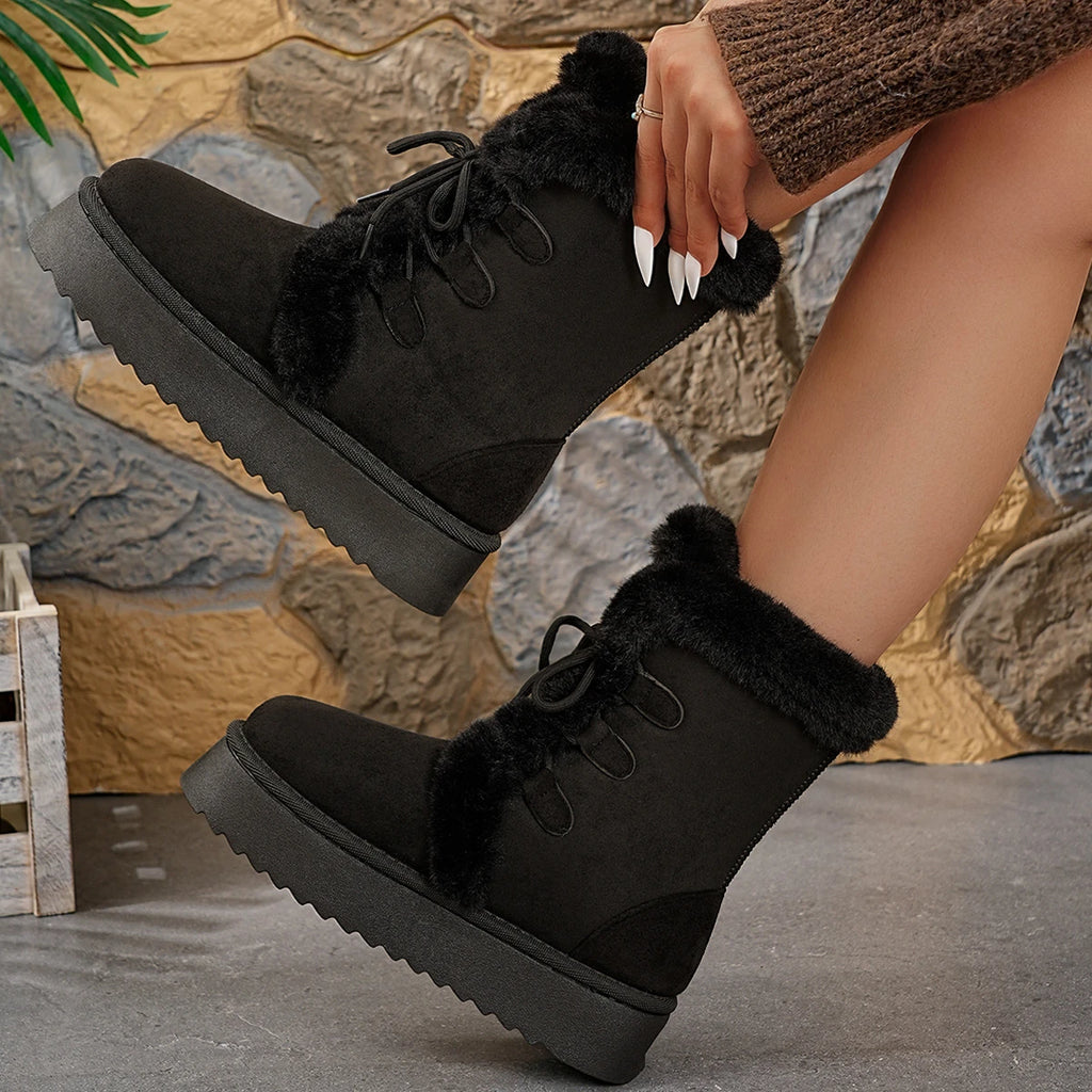 2025 New Women Boots Thick Bottom Warm Mid-Calf Boots Korean Style Furry Winter Snow Boots Women Lace-Up Cotton Shoes for Women Zpaxo