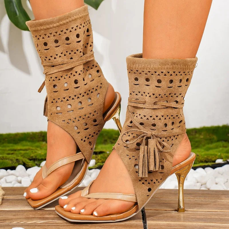 Women's Square Toe Post Tassel Embellishment Hollow Out Sandals 2026 Zpaxo