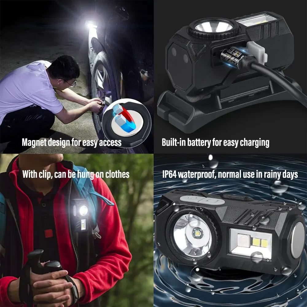 Mini LED Headlamp Motion Sensor Magnetic USB Rechargeable 800LM