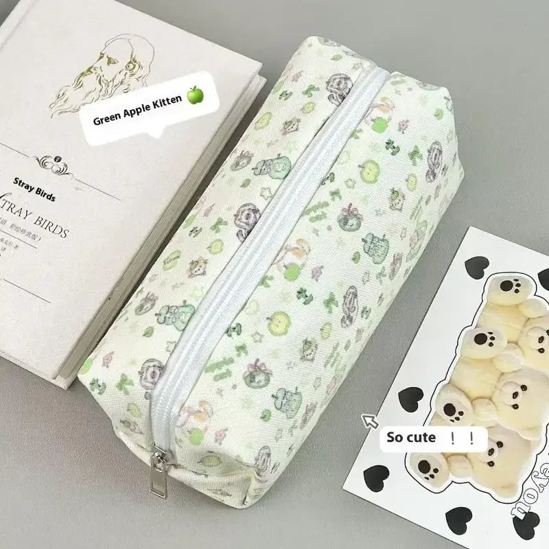 1 Piece Cute Green Apple Cat Printed Makeup Bags Cartoon Kitten Pencil Bag Large Capacity Stationery Storage Bag Zpaxo