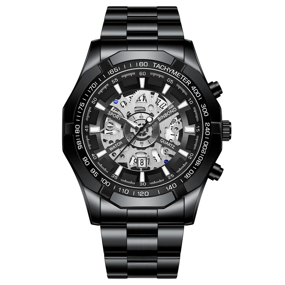 BINBONG Business Men's Watches Waterproof Calendar Luminous Fashion Quartz Watch For Man Stainless Steel Male Clock Reloj Hombre Zpaxo Black Silver