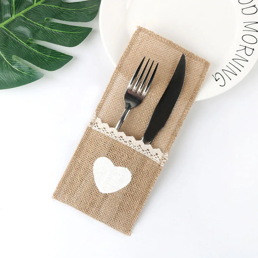 10- Burlap Lace Cutlery Pouch Party Tableware Decor Vintage Jute Zpaxo E 20pcs
