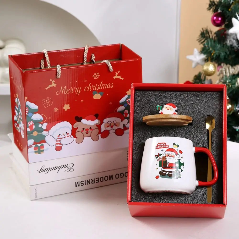 55 Merry Christmas Gifts Wooden Lid Santa Claus Pattern Ceramic Mug