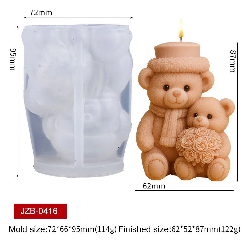 3D Bear Candle Silicone Mold DIY Heart Rose Cartoon Bear Aromatherapy Soap Gypsum Wax Clay Craft Ornament Making Gift Home Decor Zpaxo Two-Bears JZB-0416
