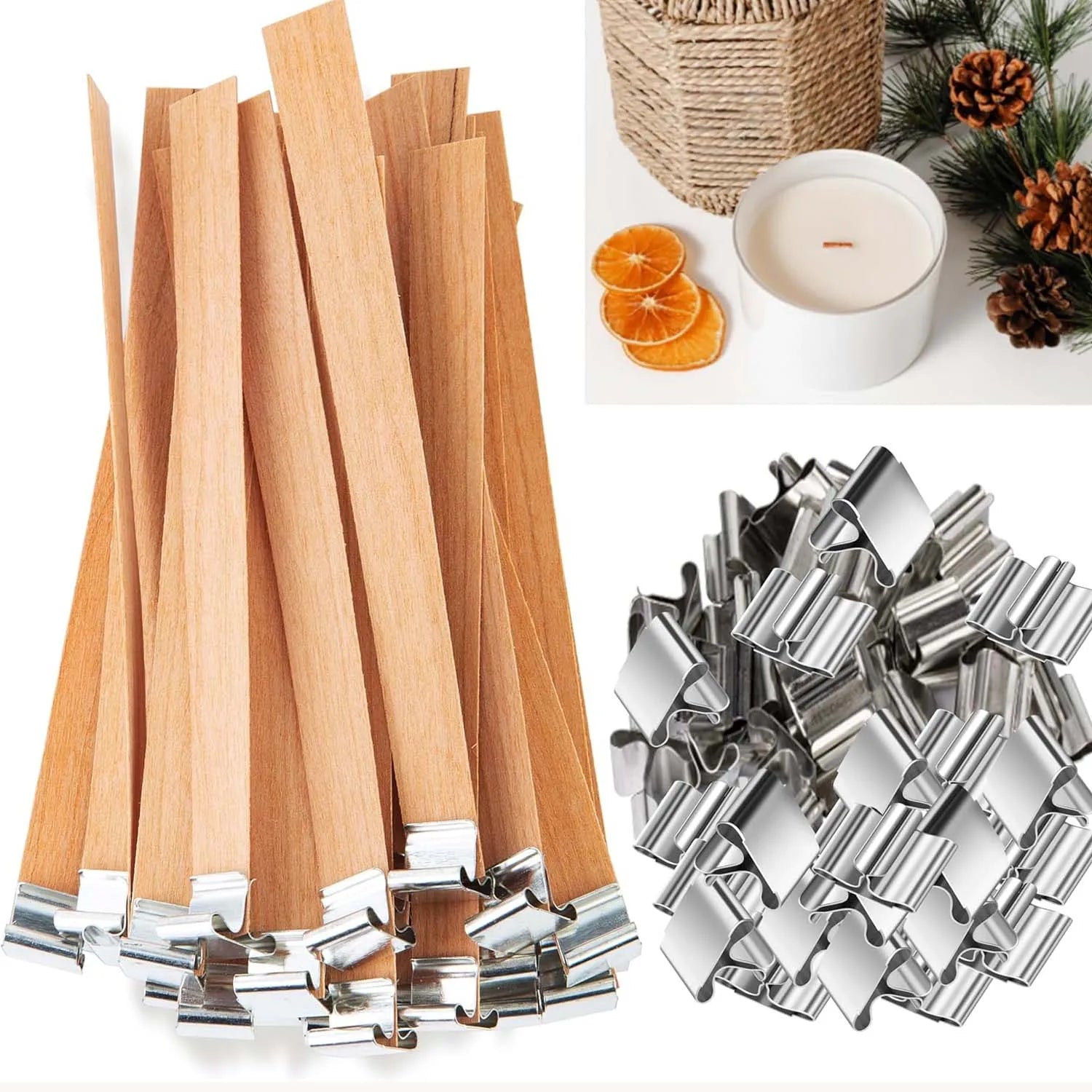Wick Wooden Candle x30 + 30 Metal Bases Candle Wick 13 cm - Natural Wood Candle Wicks Candle Accessory Zpaxo