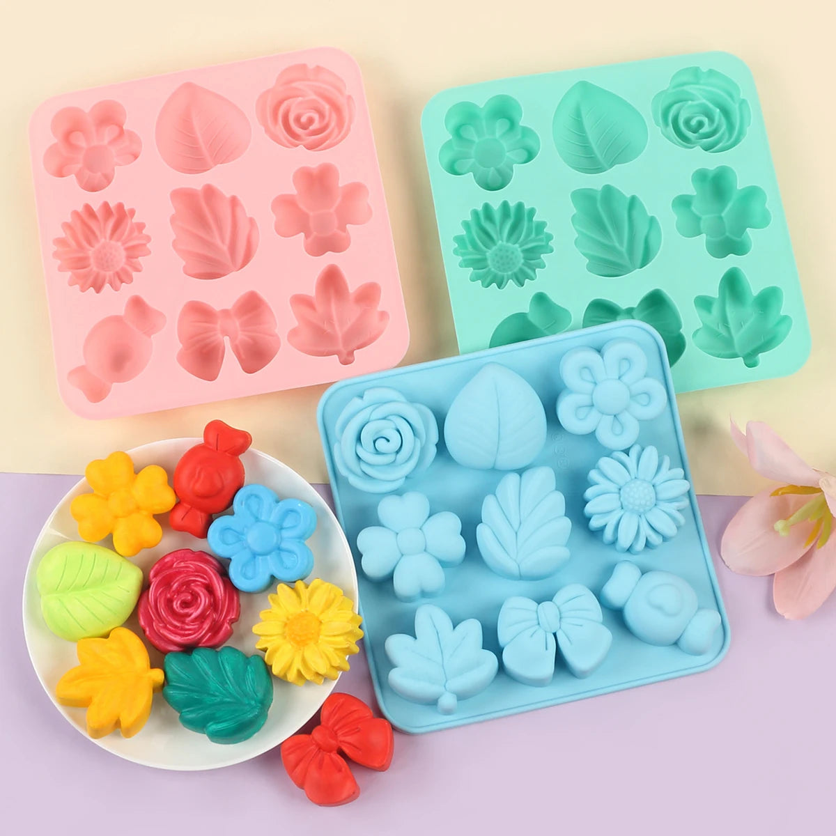 9-Cavity Flower Silicone Mold DIY Chocolate Fondant Cake Decorating Flower Maple Leaf Bow Candy Jelly Dessert Cupcake Baking Zpaxo