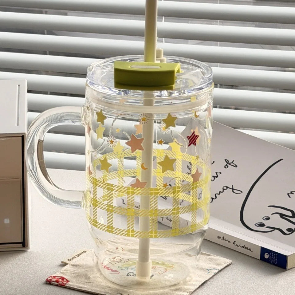 760ml Cute Large Capacity Handle Straw Cup, High Borosilicate Glass Cup, Summer Portable Double Drinking Household Handy Cup Zpaxo Green