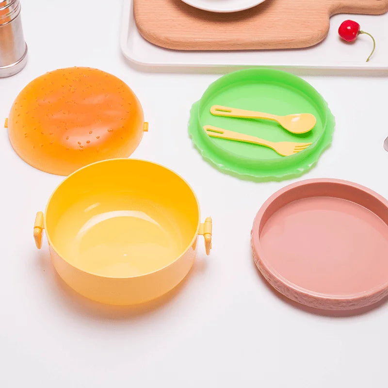 Hamburger Lunch Box Double Tier Cute Burger Bento Box Microwave Food Container Fork Tableware Set Zpaxo