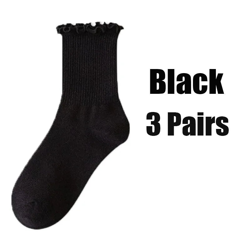 1 3pairs Ruffle Socks Women Mid Crew Middles Tube Ankle Breathable Zpaxo black-3pairs