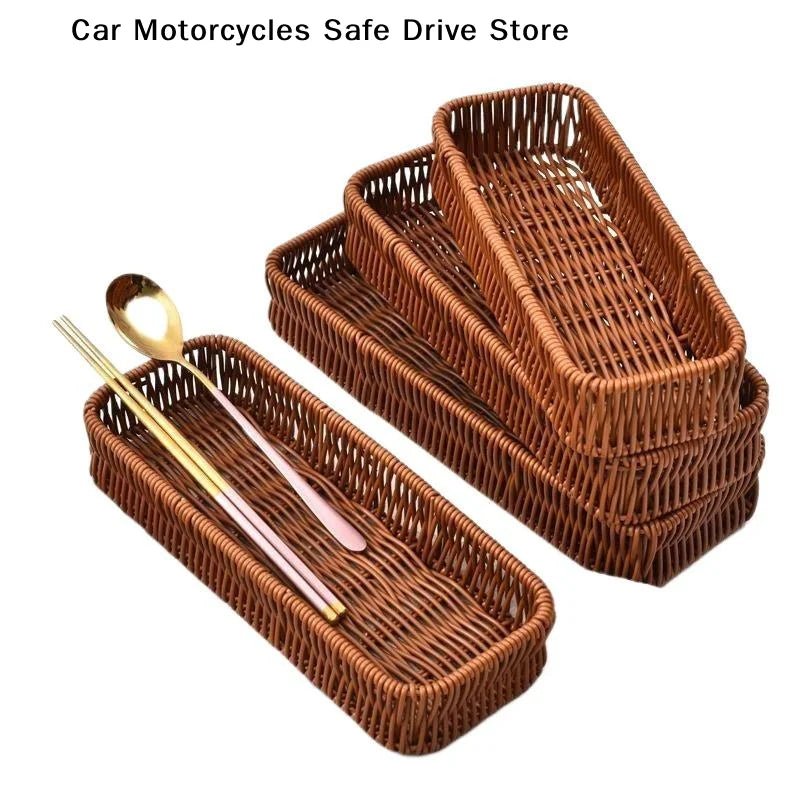 MHandwoven Faux Rattan Storage Tray Waterproof Sturdy Kitchen Cutlery