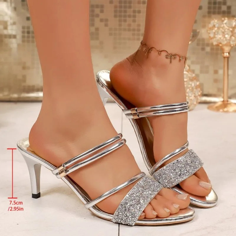 Women Sandals Street Style Sequin Rhinestone Thin High Heel Shoes Designer Buckle Strap Sandals Women Banquet Party Shoes Women Zpaxo