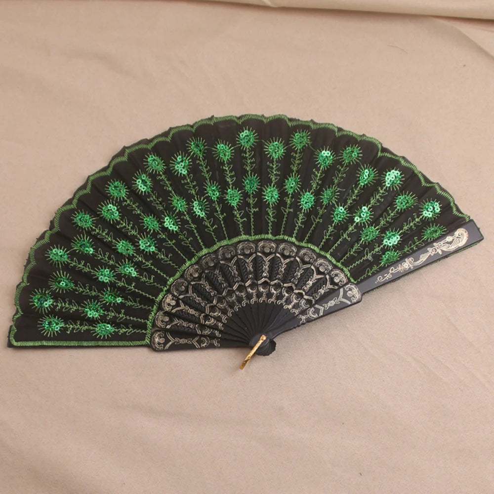 Silk Peacock Sequin Folding Fan – Dance, Wedding & Decor