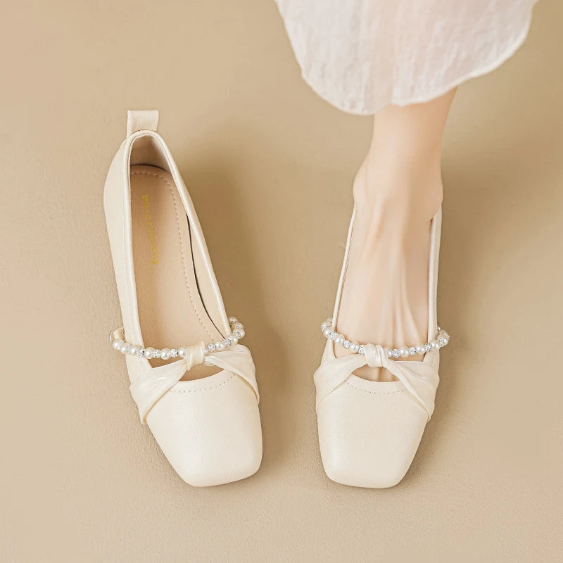 Women Chunky Heel Shoes Summer Square Toe Beaded Decor Versatile Zpaxo