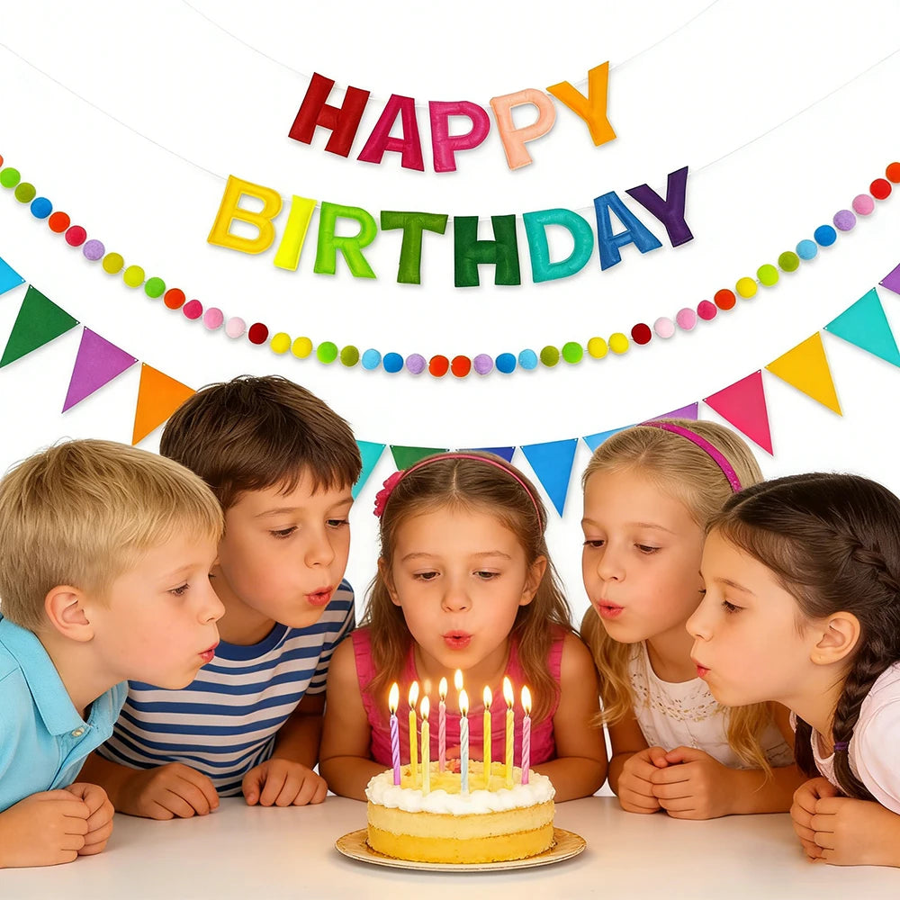 Felt Colorful Happy Birthday Banner Party Rainbow Fabric Garland Pom Zpaxo