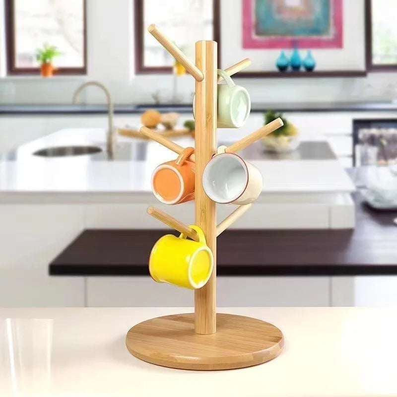 Tree-Shape Bamboo Mug Holder Stand – 6-Hook Cup Display Rack
