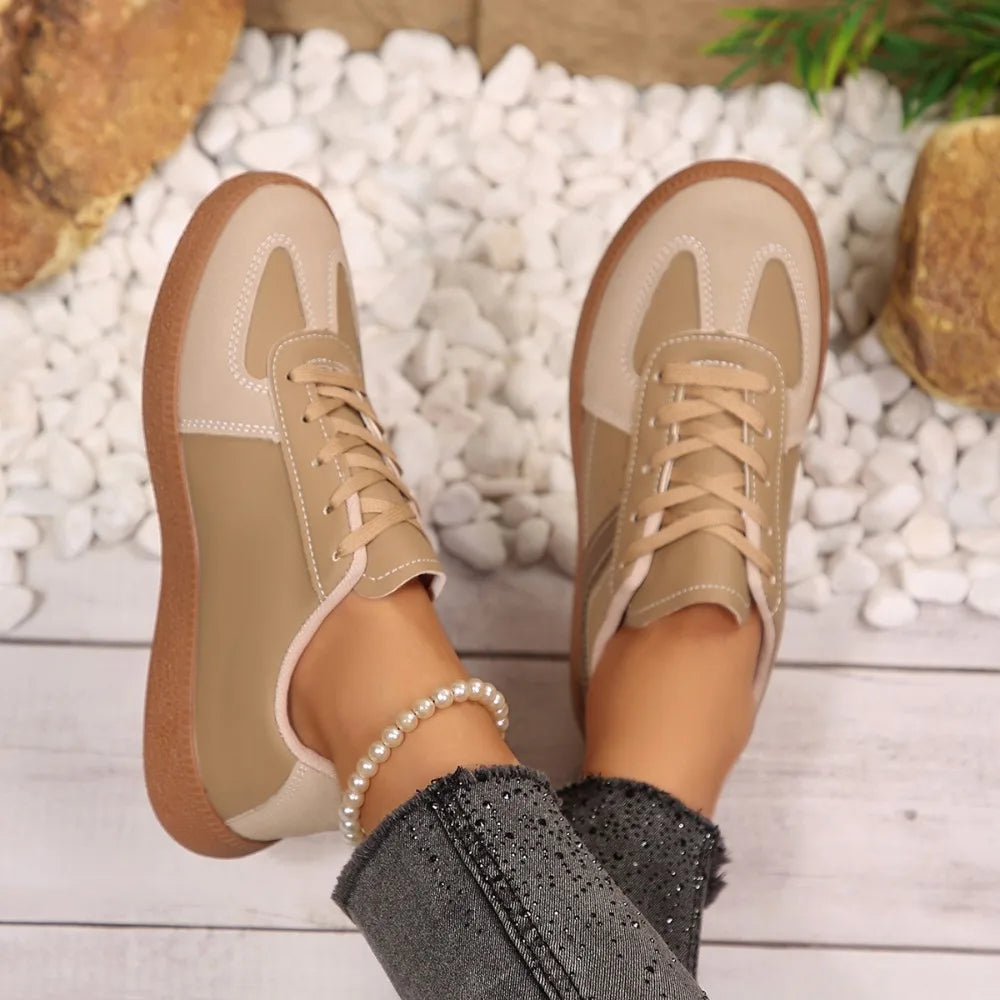 Women Sneakers Fashion Round Toe Casual Lace Up Shoes Patchwork Retro