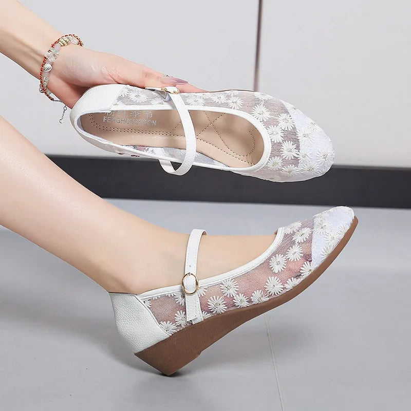 Spring Autumn Women's Fish Mouth Closed Toe Embroidery Wedge Mid Heel Zpaxo