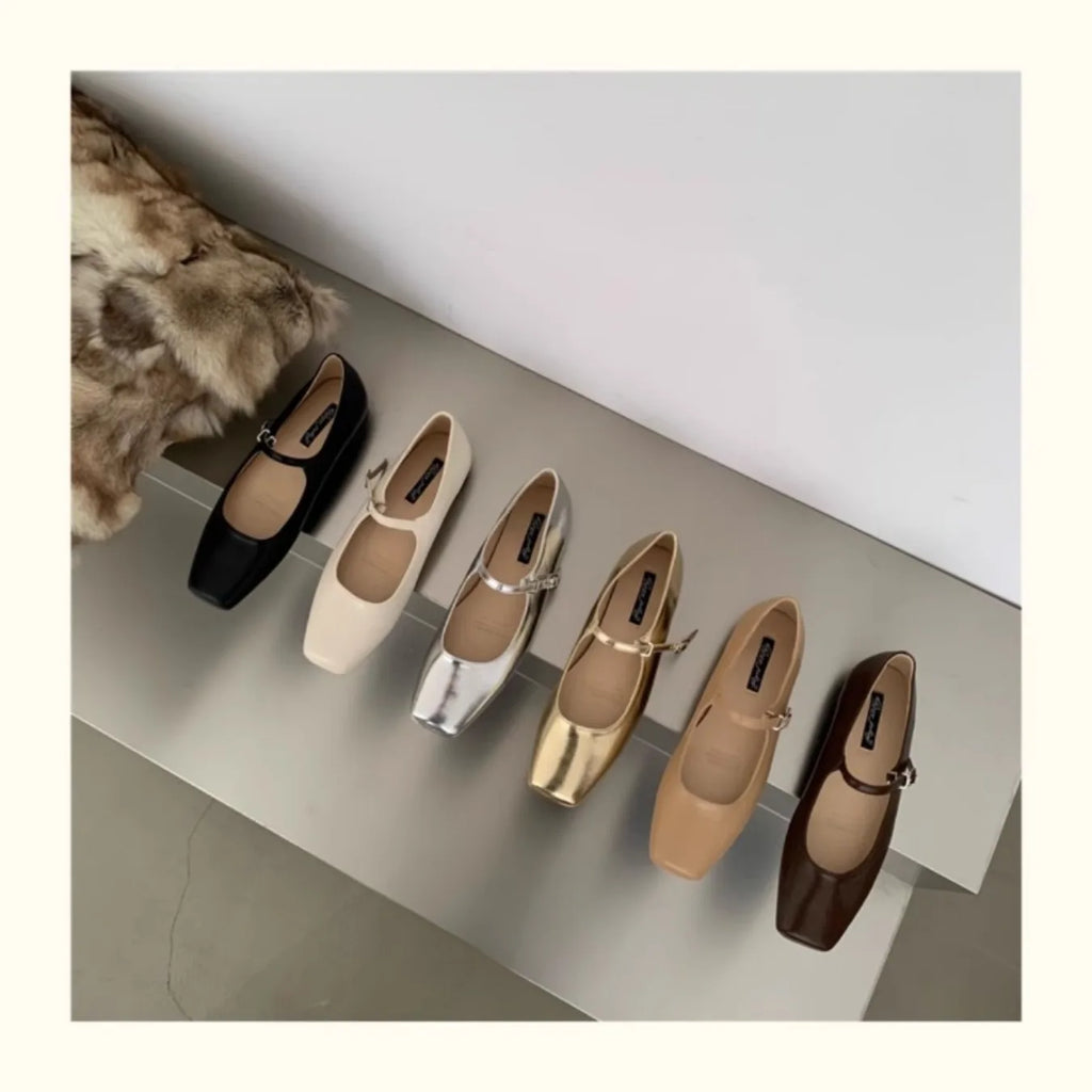 Flats Shoes for Women Spring Autumn Retro Square Toe Shallow Mouth Silver Shoe for Women New Flat Mary Jane Shoes Zpaxo