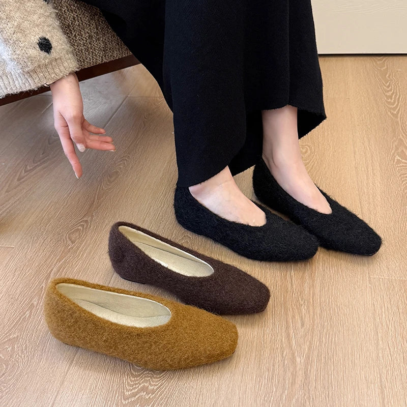 Temperament Woolen Square Toe Velvet Single Shoe Women's Autumn