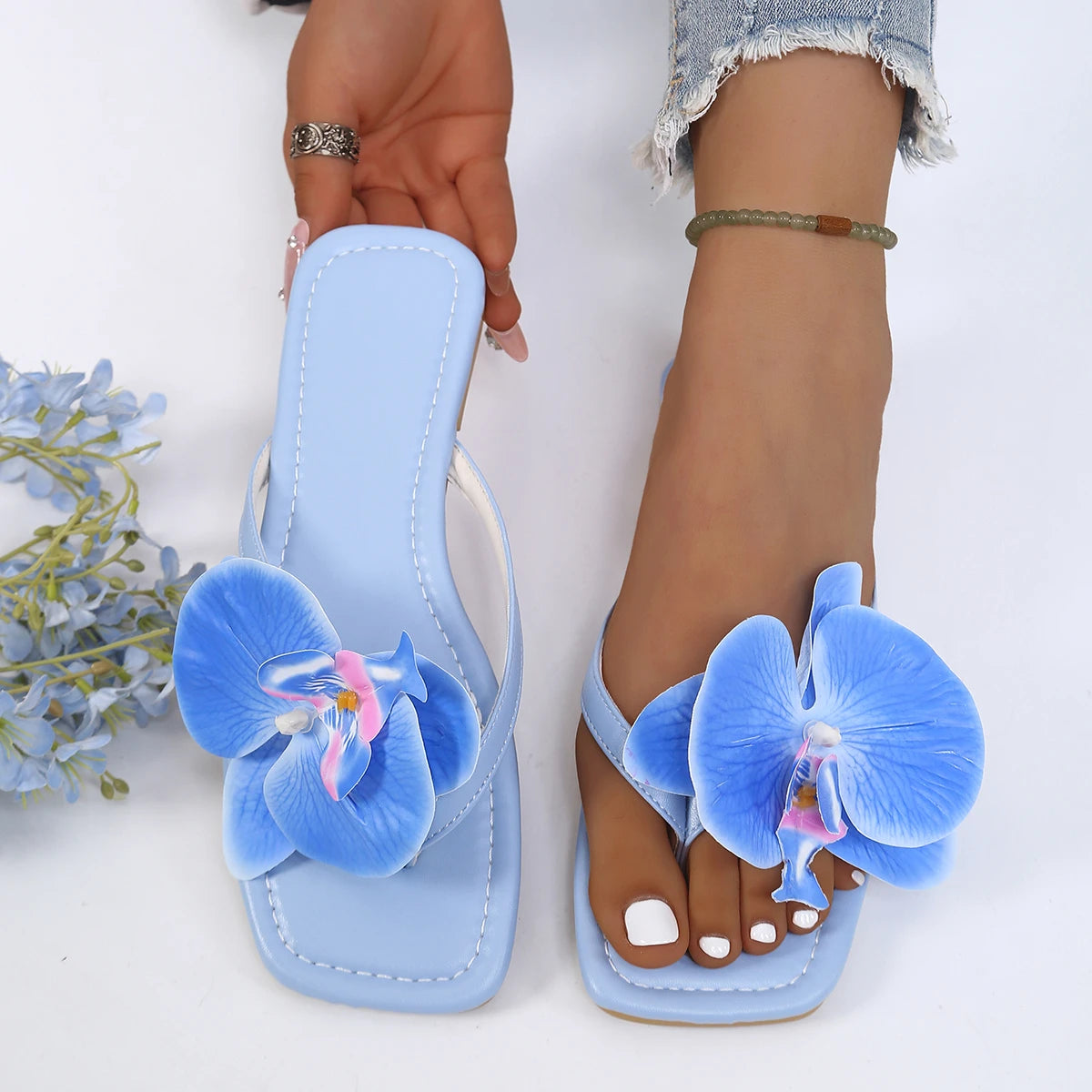 Women Slippers Comfort Beach Flip Flops Clip Toe Flower Decor Summer Zpaxo Blue 40